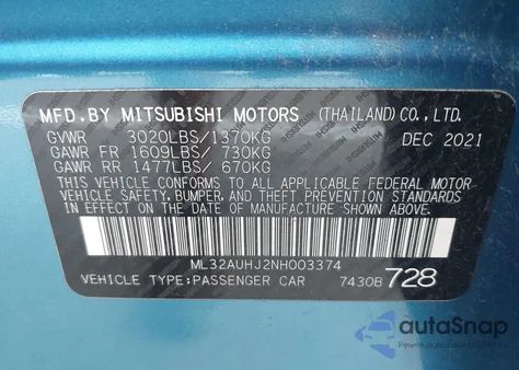 2022 Mitsubishi Mirage Es/Le from USA, damaged, VIN ML32AUHJ2NH003374